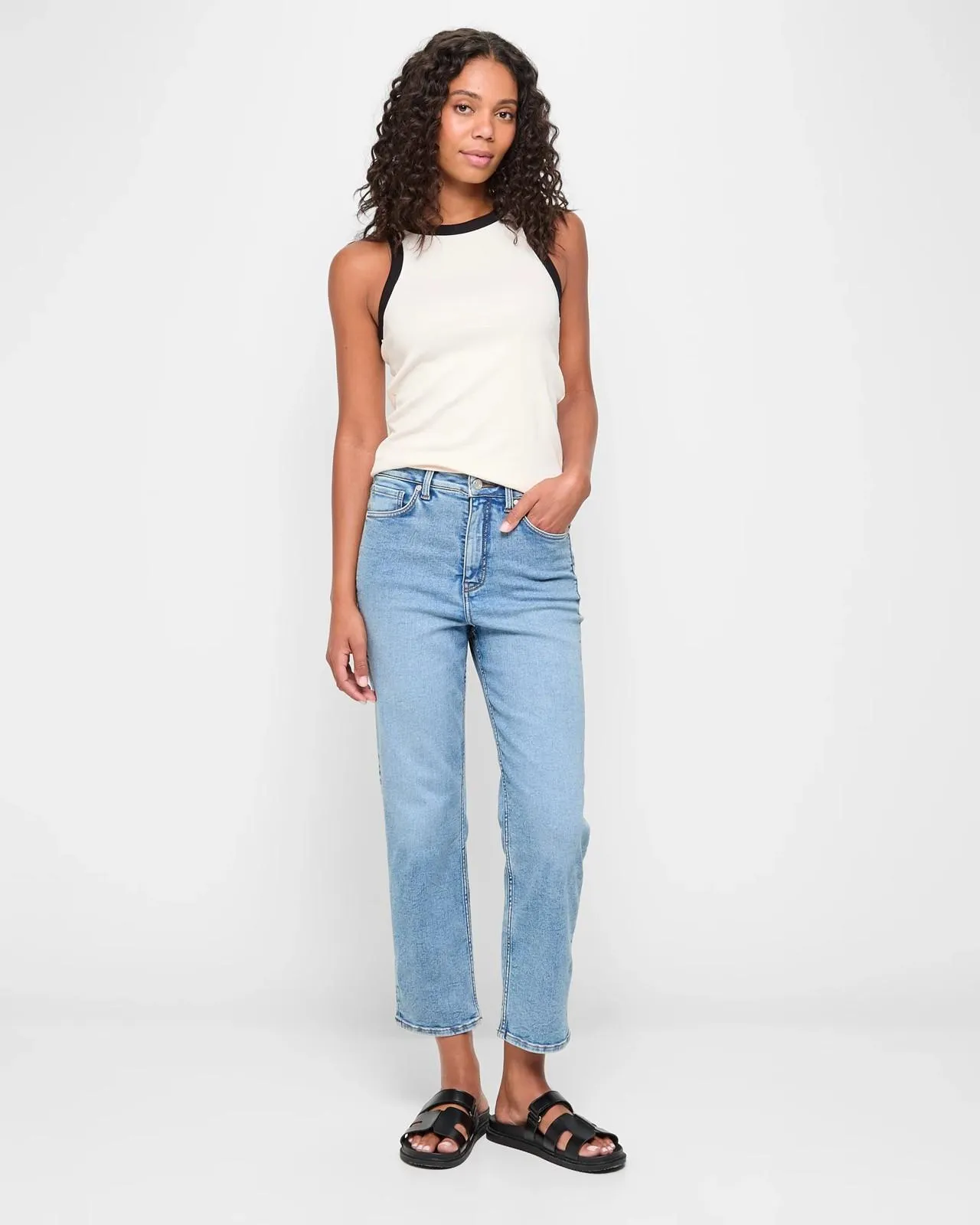 Super High Rise Crop Length Straight Denim Jeans - Shape Your Body - Light Blue