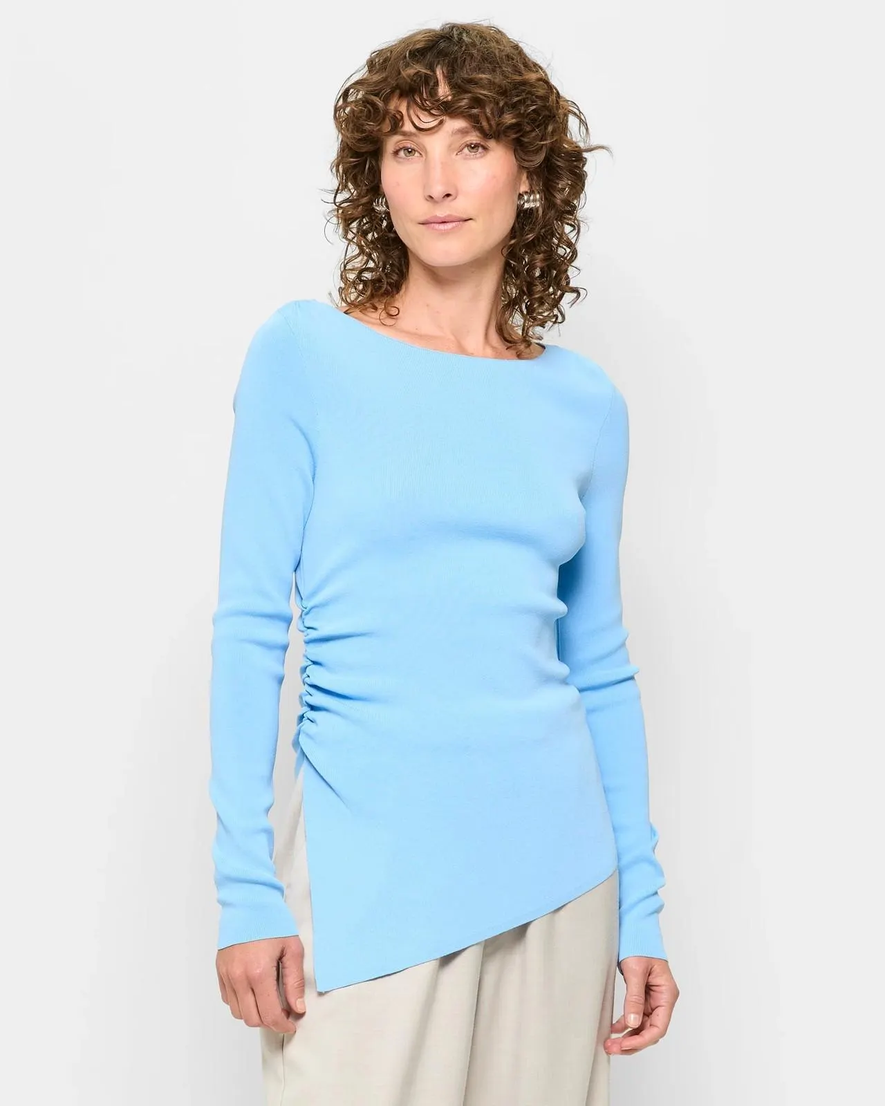 Long Sleeve Asymmetric Hem Crepe Knit Top - Preview - Sky Blue