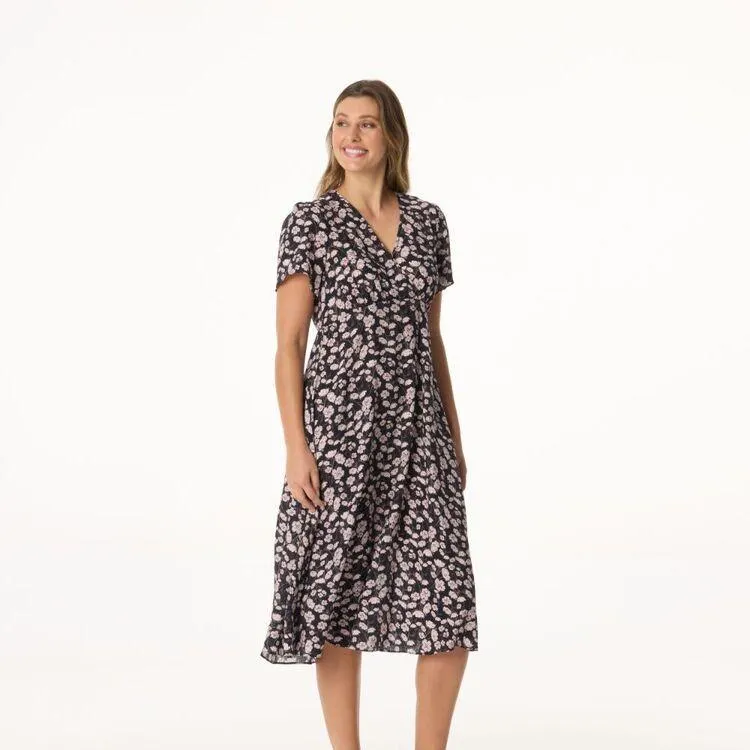Khoko Smart Women's Crinkle Flutter Empire Midi Pansy Dress Pink
