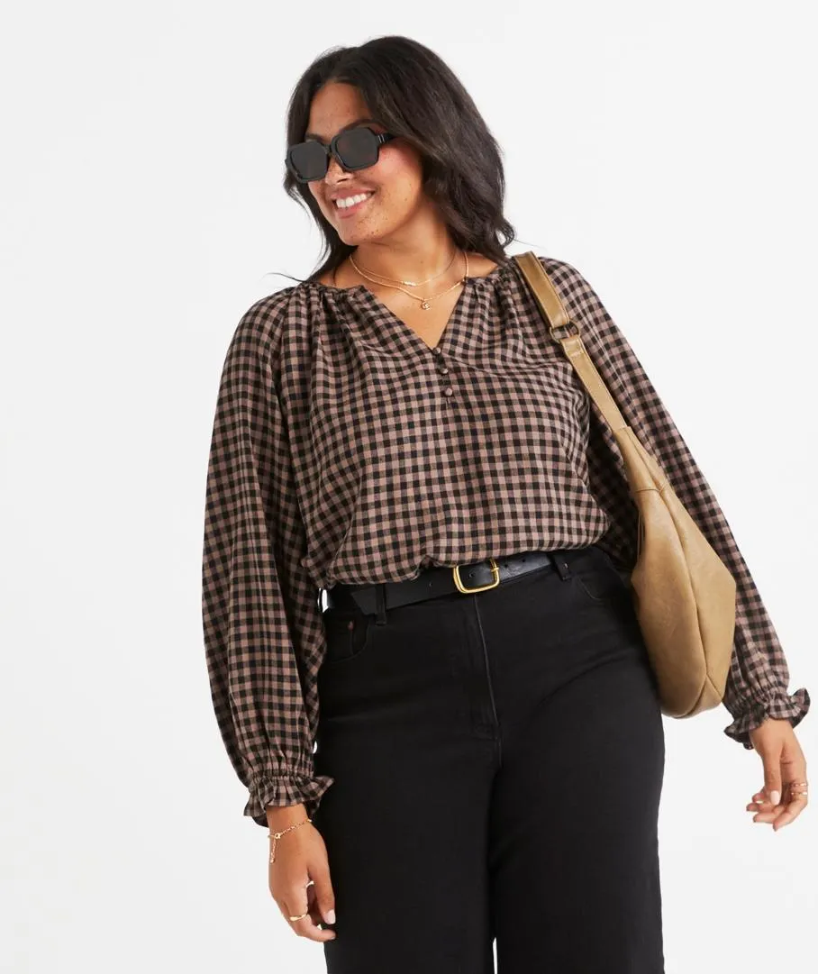 ERIKA LINEN BLEND LONG SLEEVE GINGHAM BLOUSE