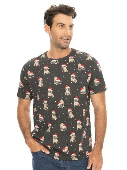 Lowes Mens Pug Christmas Grey Print T-shirt