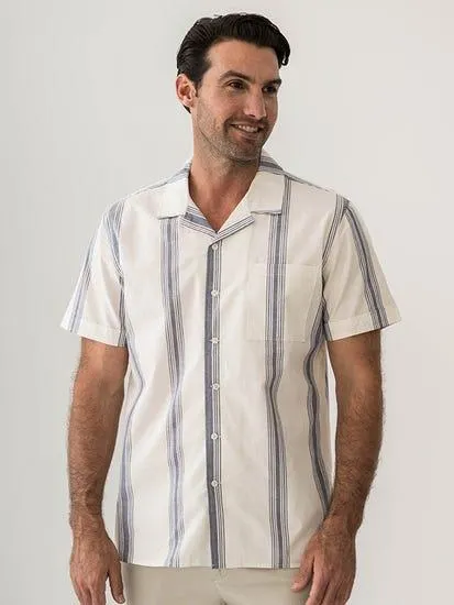 Pacifica Short Sleeve Yarn Dyed Linen Blend Shirt Denim Natural Stripe