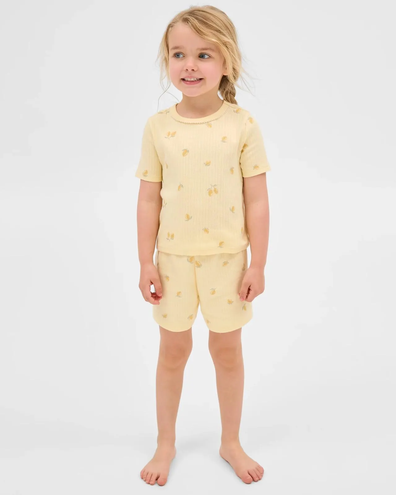 Australian Cotton Younger Girls Pointelle Short Pyjama Set - Lemon