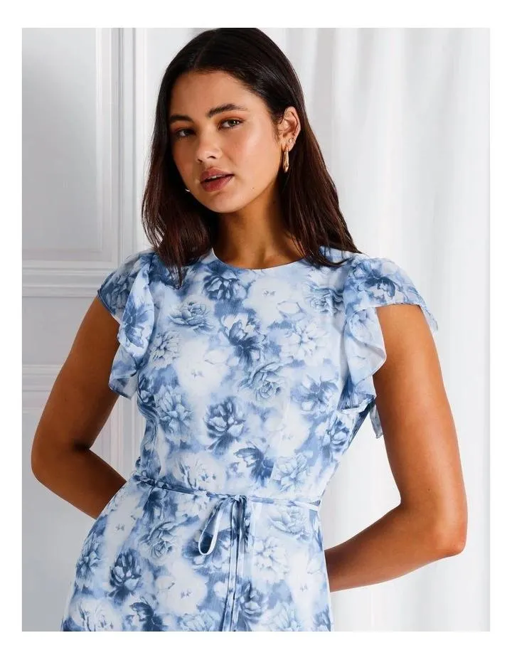 Ruffle Sleeve Flounce Midi Dress in Cobalt