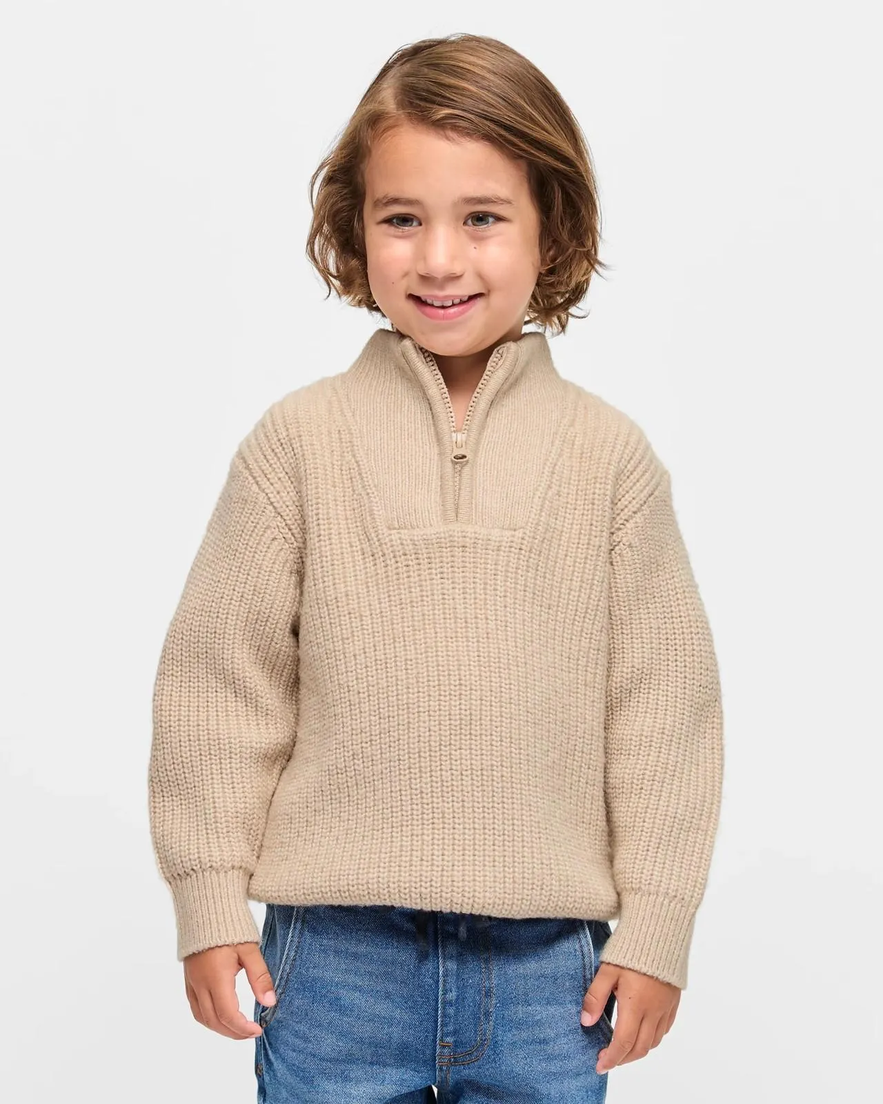 Qtr Zip Neck Knit Jumper - Brown