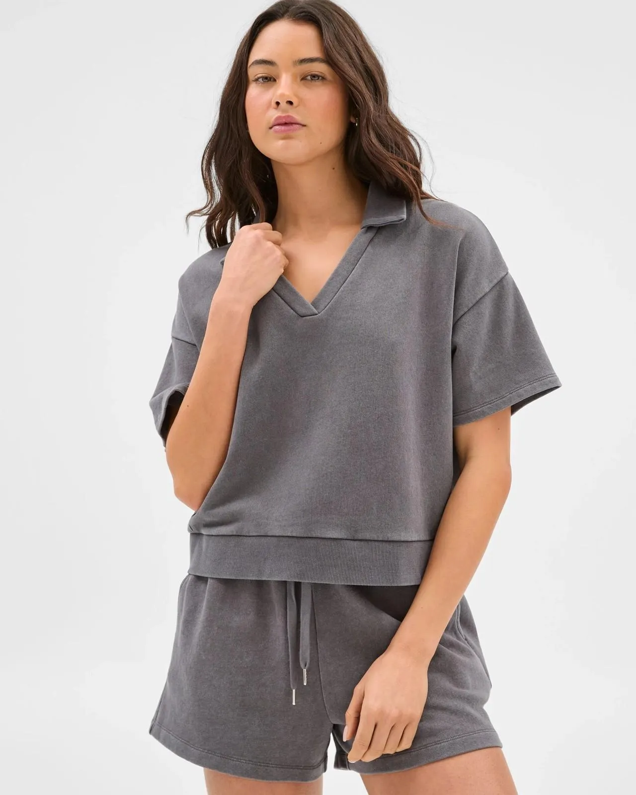 Australian Cotton Polo Fleece Top - Lily Loves - Washed Grey