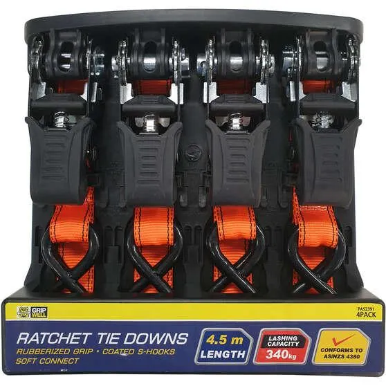 Gripwell 340kg Ratchet Tie Downs 4.5m 4 Pack