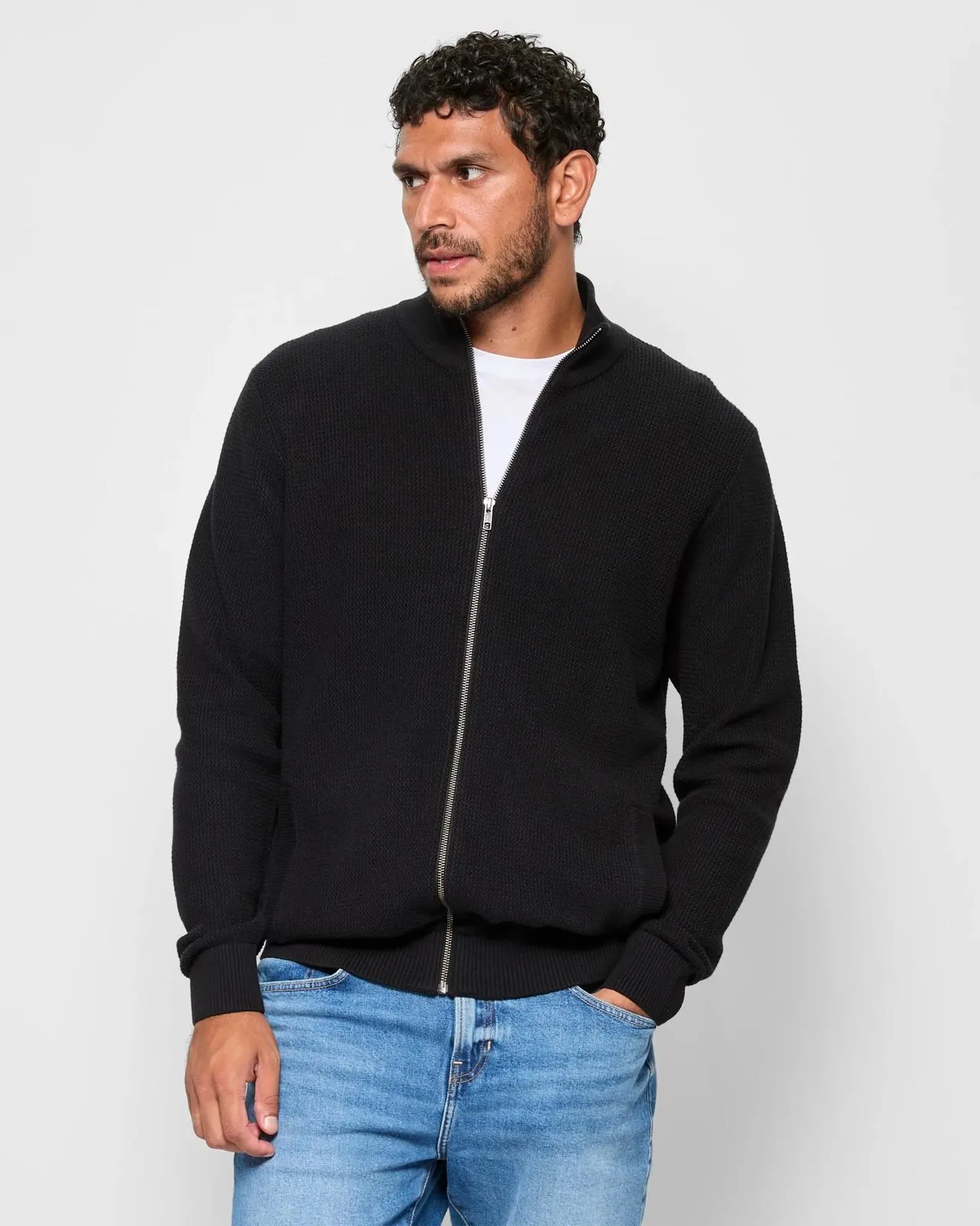 Australian Cotton Zip Through Knit Jacket - Black
