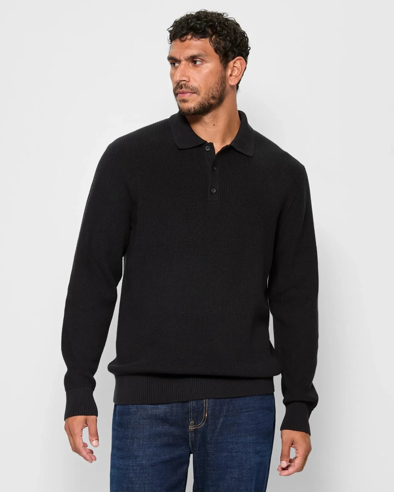 Australian Cotton Long Sleeve Knitted Polo Jumper - Black