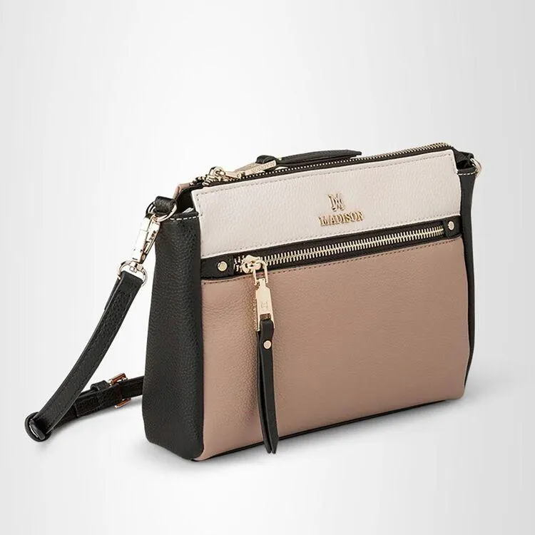 Madison Women's Willow Zip Top Cross Body Bag Taupe Combo