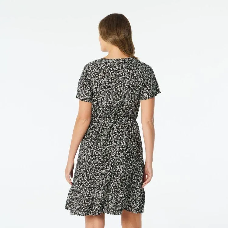 Khoko Collection Women's Viscose Ruffle Detail Dress Black Ditsy