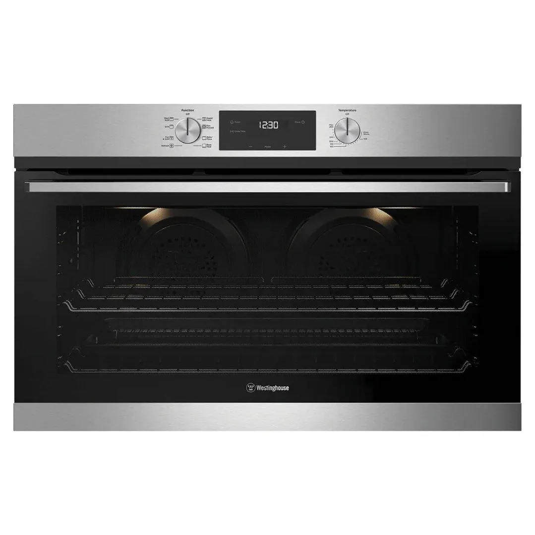 Westinghouse 90cm multi-function 8 stainless steel oven with twin fan, fast heat up, programmable timer, and 125L WVE9515SD