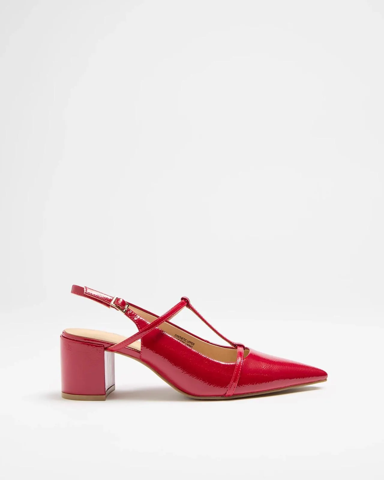 Womens T-Bar Point Block Heel - Darla II - Red Crinkle Patent