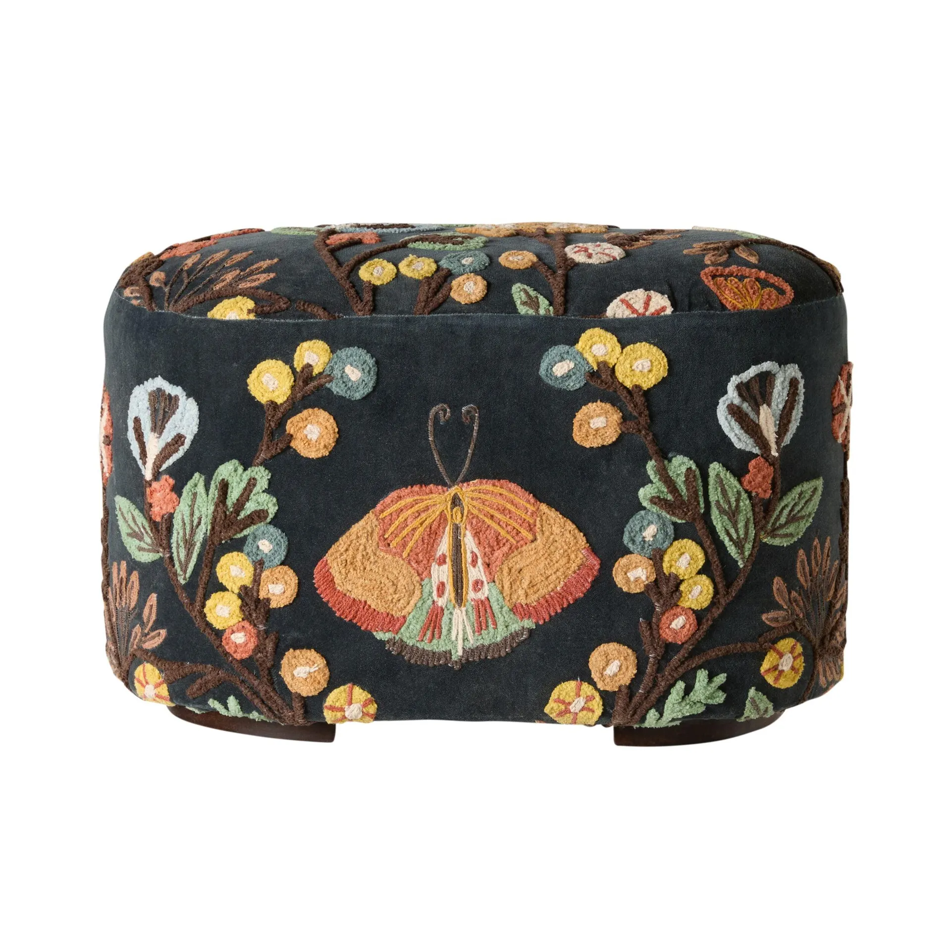 Freya Embroidered Ottoman Blue Velvet