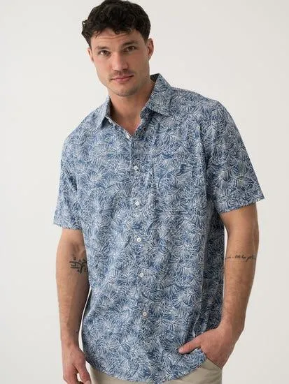 Short Sleeve Elliotts Chambray Blue Leaf Print Shirt With Chest Pocket.