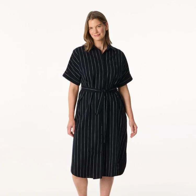 Khoko Collection Women's Cotton Shirt Dress Black, White & Stripe