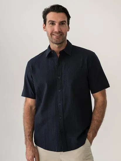 Mens Short Sleeve Seer Sucker Shirt Navy
