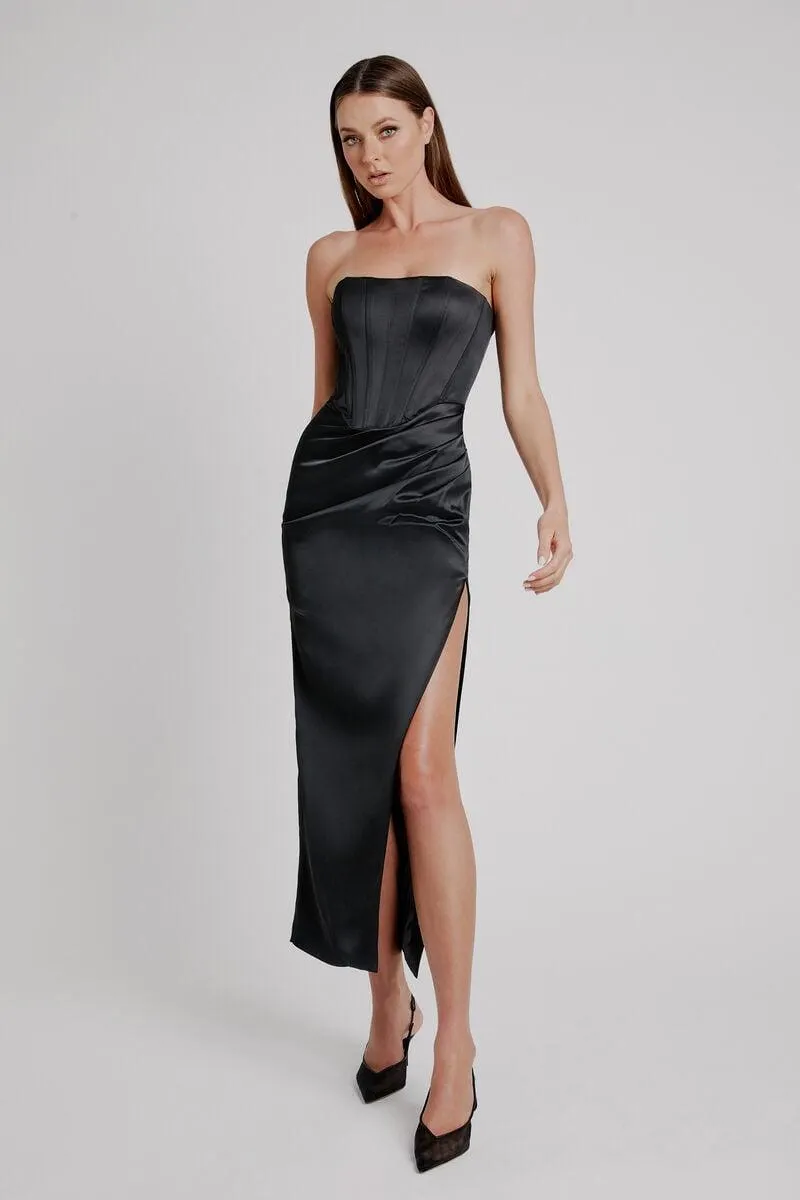 everlasting satin midi dress in black