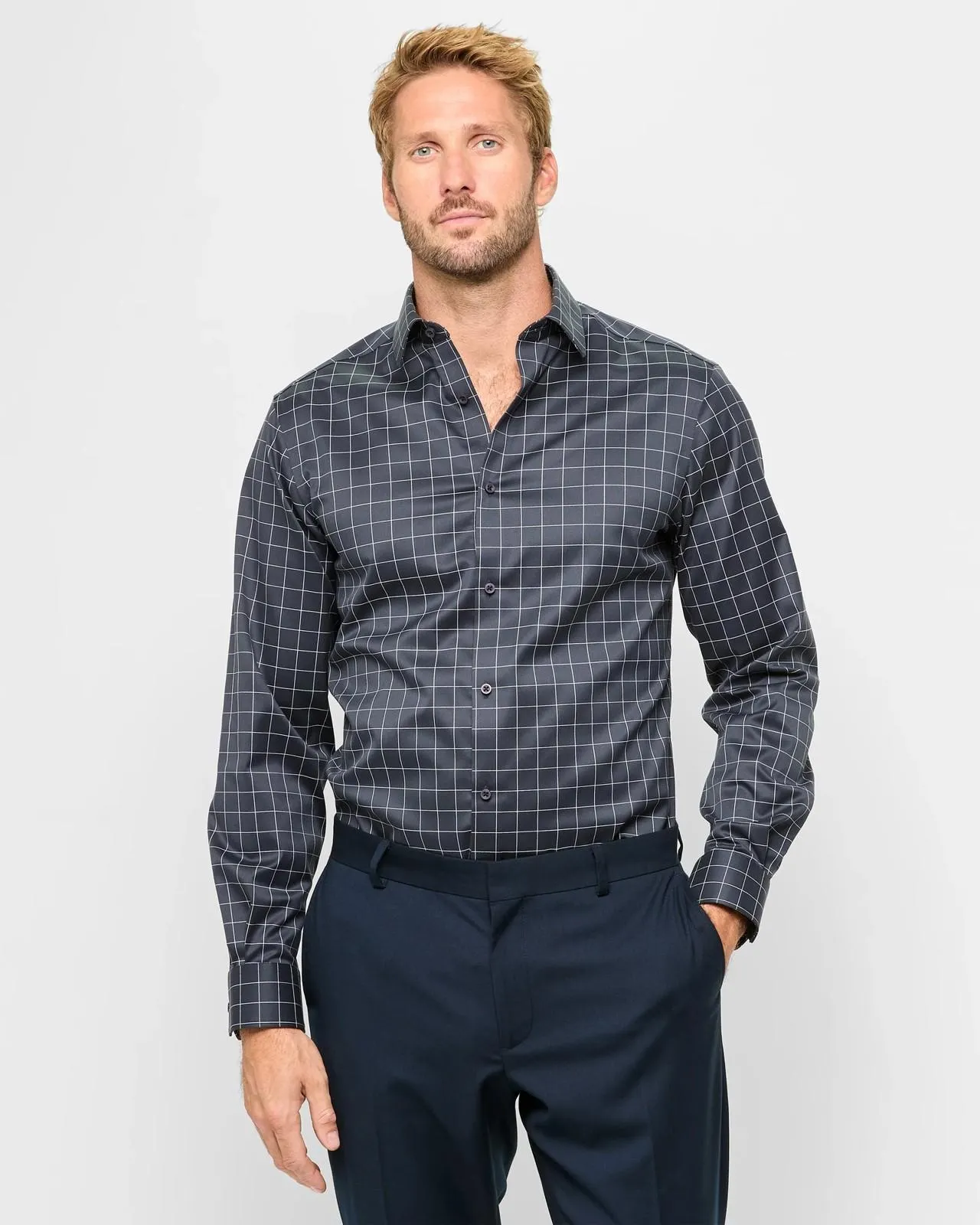 Non Iron Long Sleeve Business Shirt - Preview - Blue Check