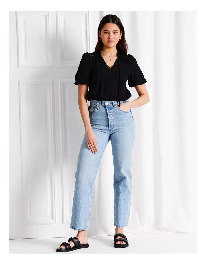 Cotton Blend Puff Sleeve Notch Neck Top in Black