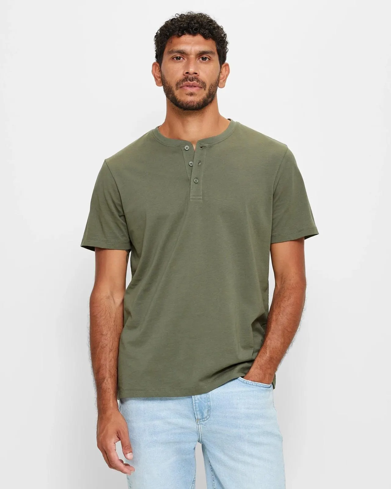 Australian Cotton Henley T-Shirt - Khaki