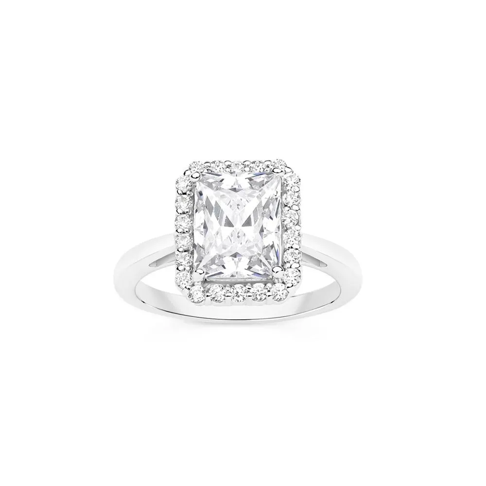 Silver Square & Frame CZ Cluster Dress Ring Size=O