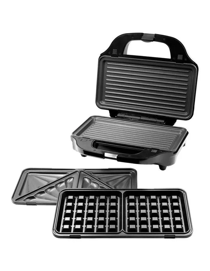 Sandwich Press with 3 Interchangeable Plates in Silver