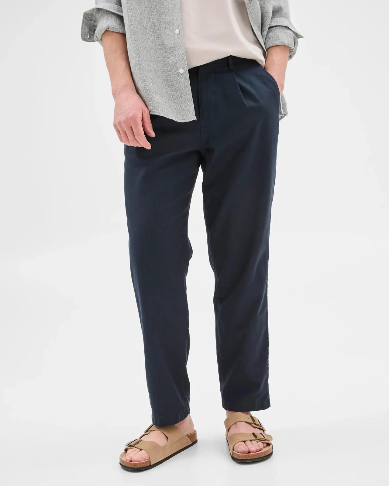 Australian Cotton Blend Pleated Pants - Navy