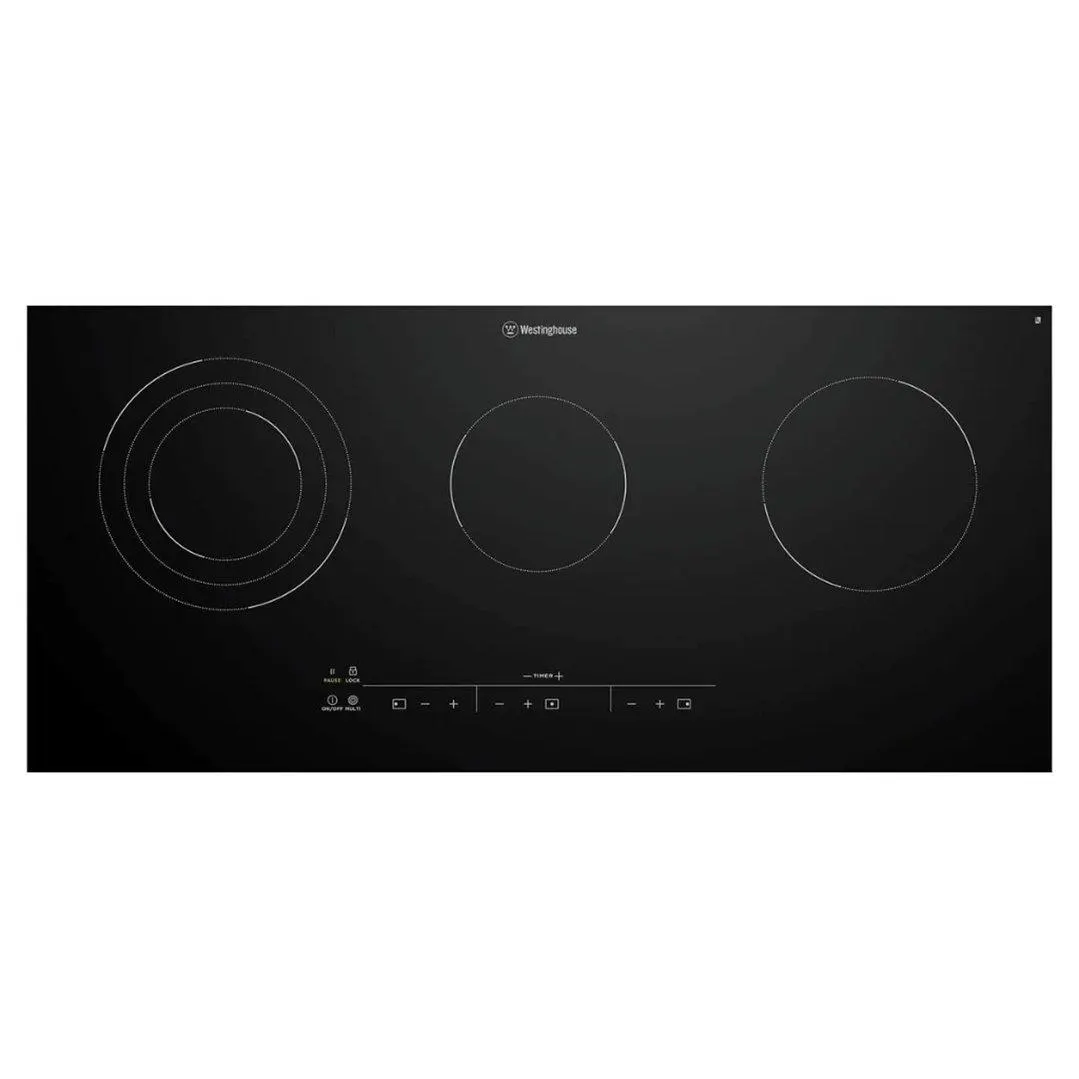 Westinghouse 90cm 3 zone ceramic cooktop with Hob2Hood, MaxiZone, triple variable zone, touch controls WHC933BD