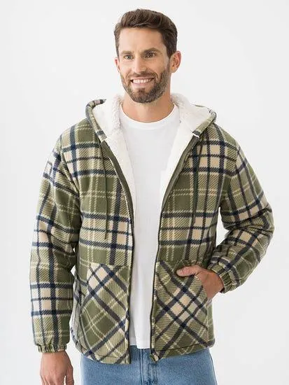 Hooded Sherpa Jacket Olive Green Check