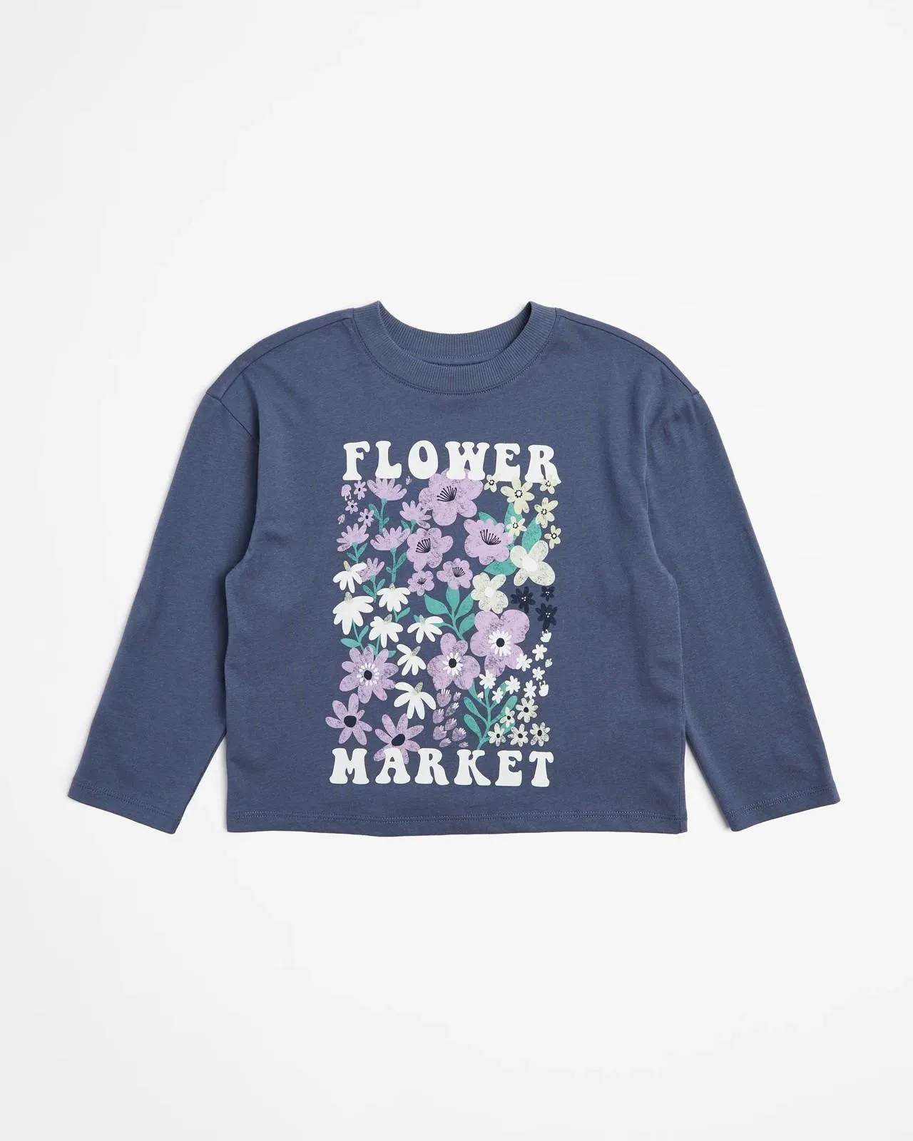 Australian Cotton Long Sleeve Printed Top - Navy Flower Market