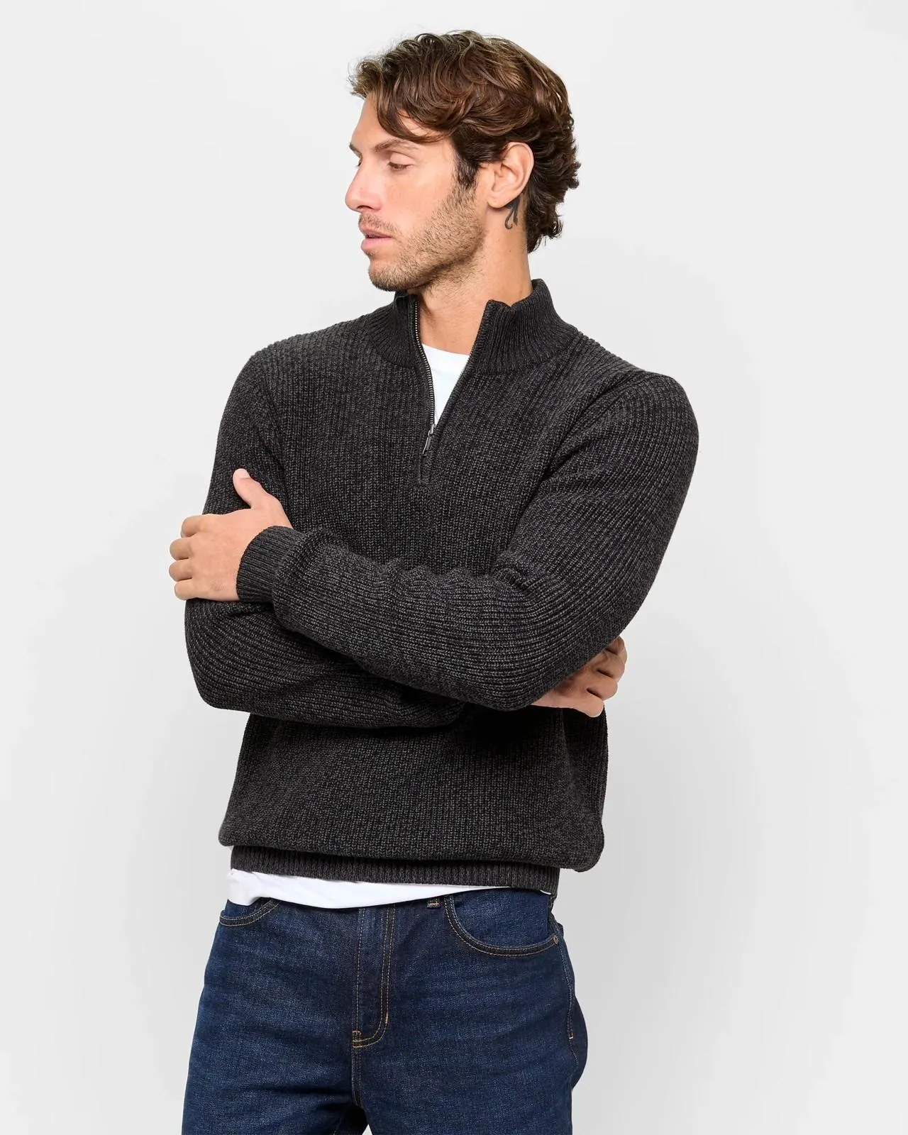Australian Cotton 1/2 Zip Knit Jumper - Black