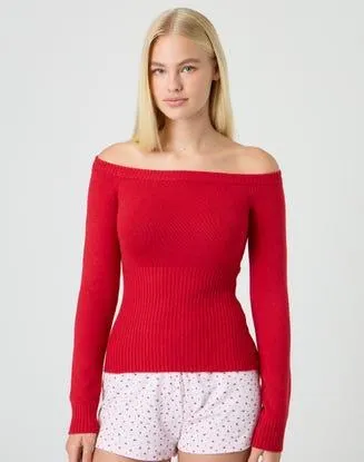 Rib Detail Off Shoulder Knit Top