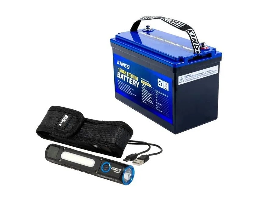 Kings 12V 120Ah Deep Cycle Lithium LiFePO4 Battery + Lithium Rechargeable Torch