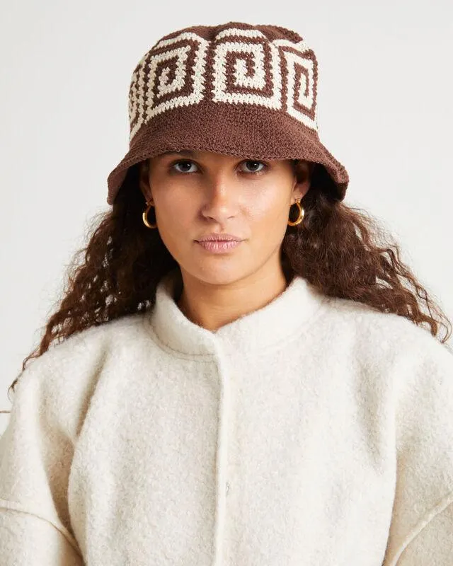 Riviera Border Jacquard Crochet Bucket Hat Chocolate