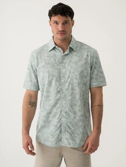 Short Sleeve Elliotts Sage Green Leaf Print Shirt With Chest Pocket