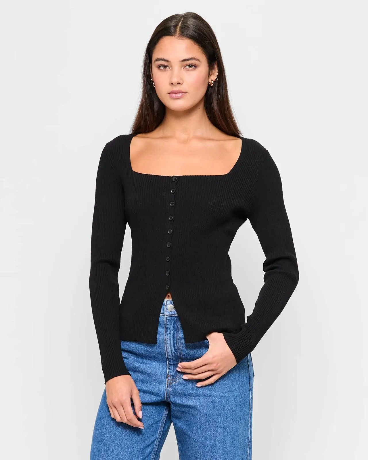 Button Front Knit Top - Lily Loves - Black