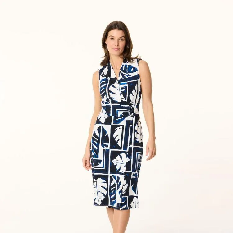 Jane Lamerton Women's Jersey Wrap Leaf Print Dress Navy & White