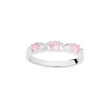 Silver Pink CZ Hugs And Kisses Ring