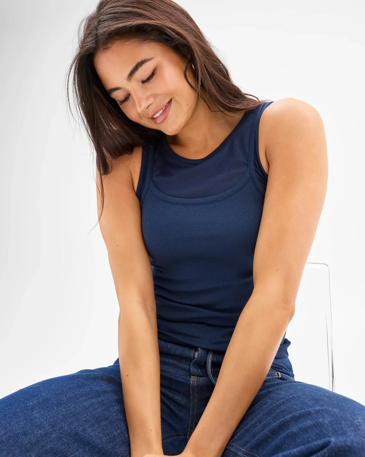 Double Layered Sheer Rib Tank Top - Lily Loves - Navy