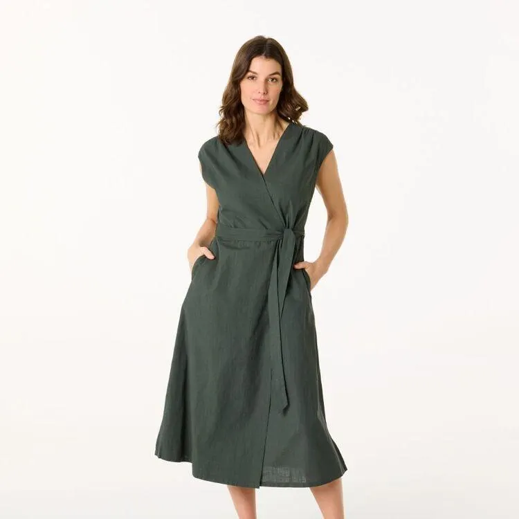 Khoko Smart Women's Wrap Midi Cotton Slub Dress Forest