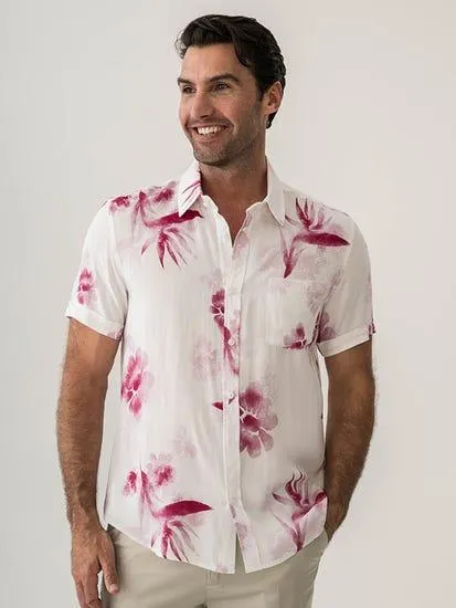 Pacifica Short Sleeve Rayon Shirt Watercolour Flowers White Pink