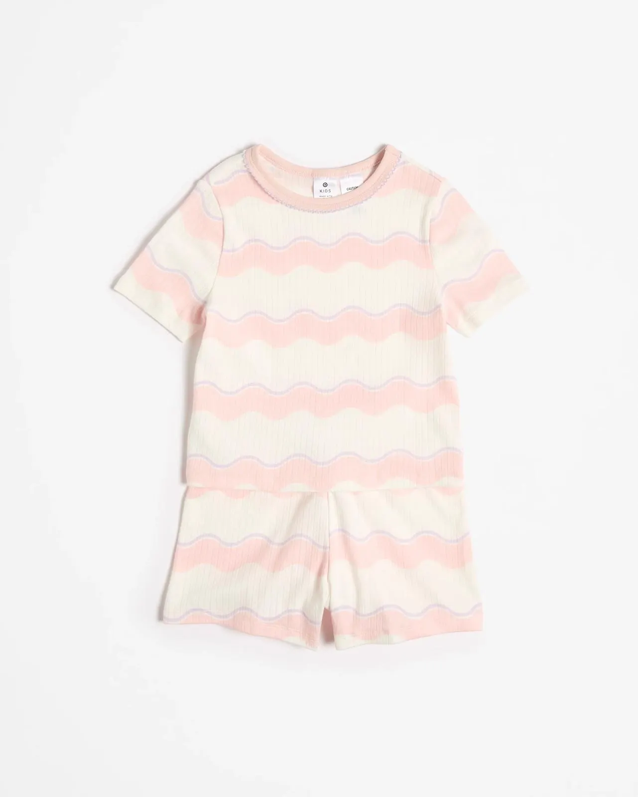 Australian Cotton Younger Girls Pointelle Short Pyjama Set - Pink Wavy Stripe