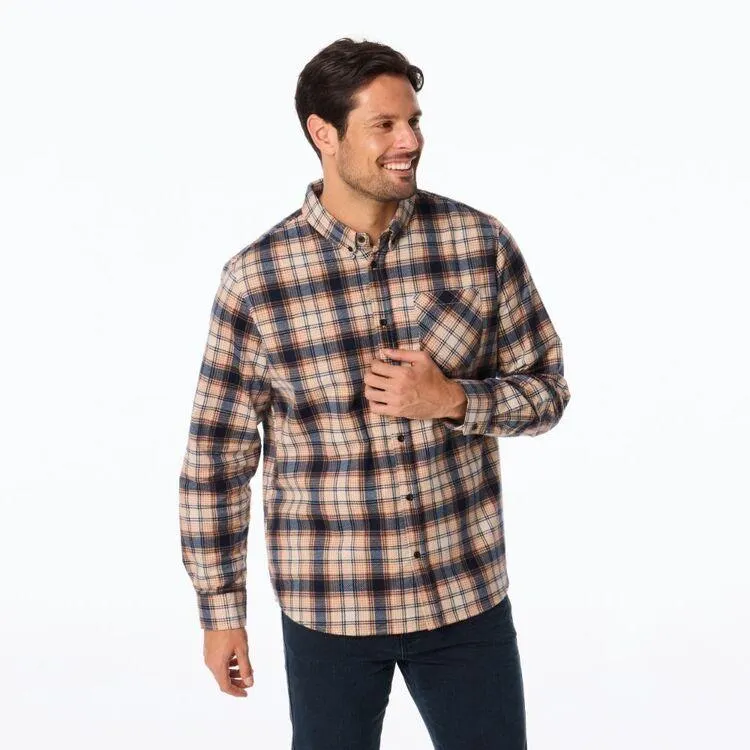 JC Lanyon Essentials Men's Reedy Printed Long Sleeve Flannelette Shirt Tan & White