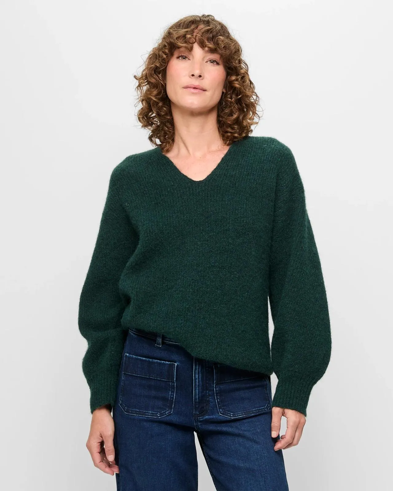 Balloon Sleeve Lofty V-Neck Jumper - Deep Forest Green