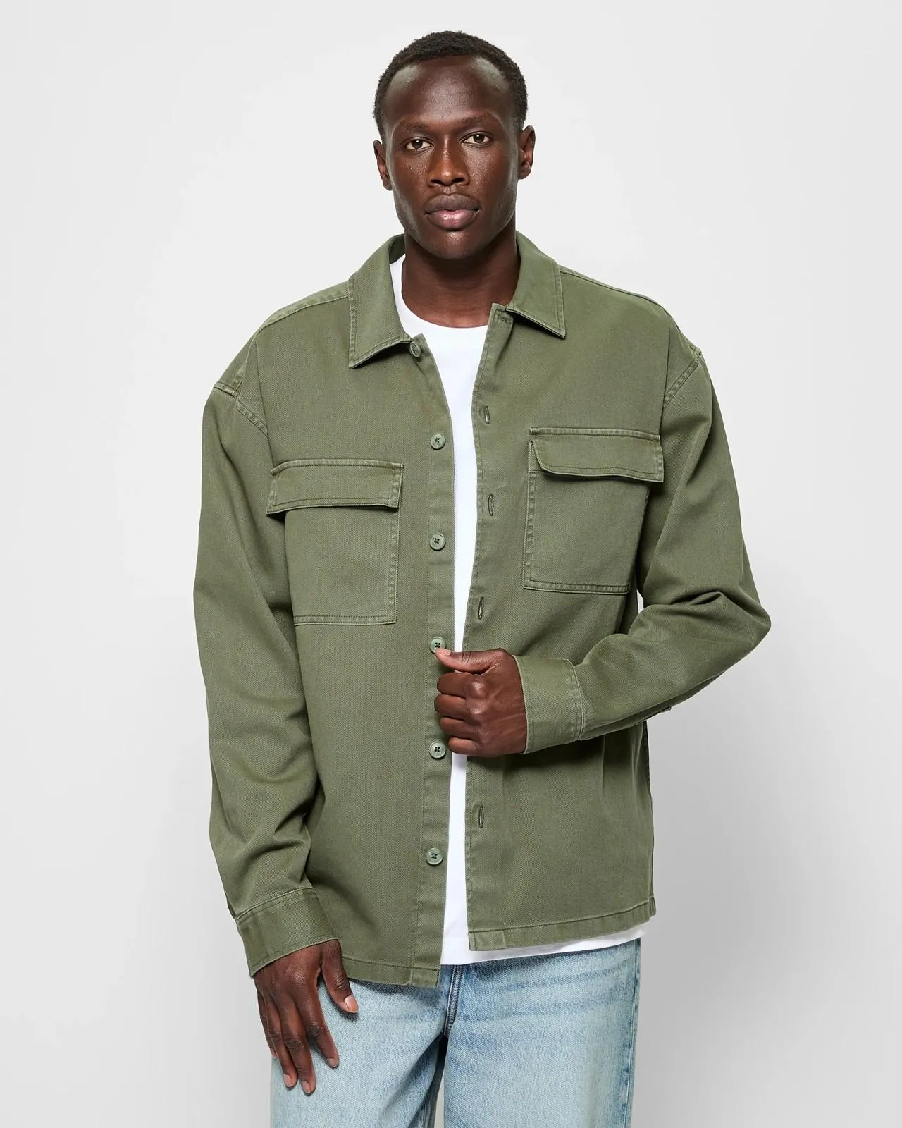 Oversized Long Sleeve Garment Dye Twill Shacket - Commons - Khaki