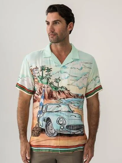Pacifica Short Sleeve Rayon Shirt Car Holiday Print Aqua