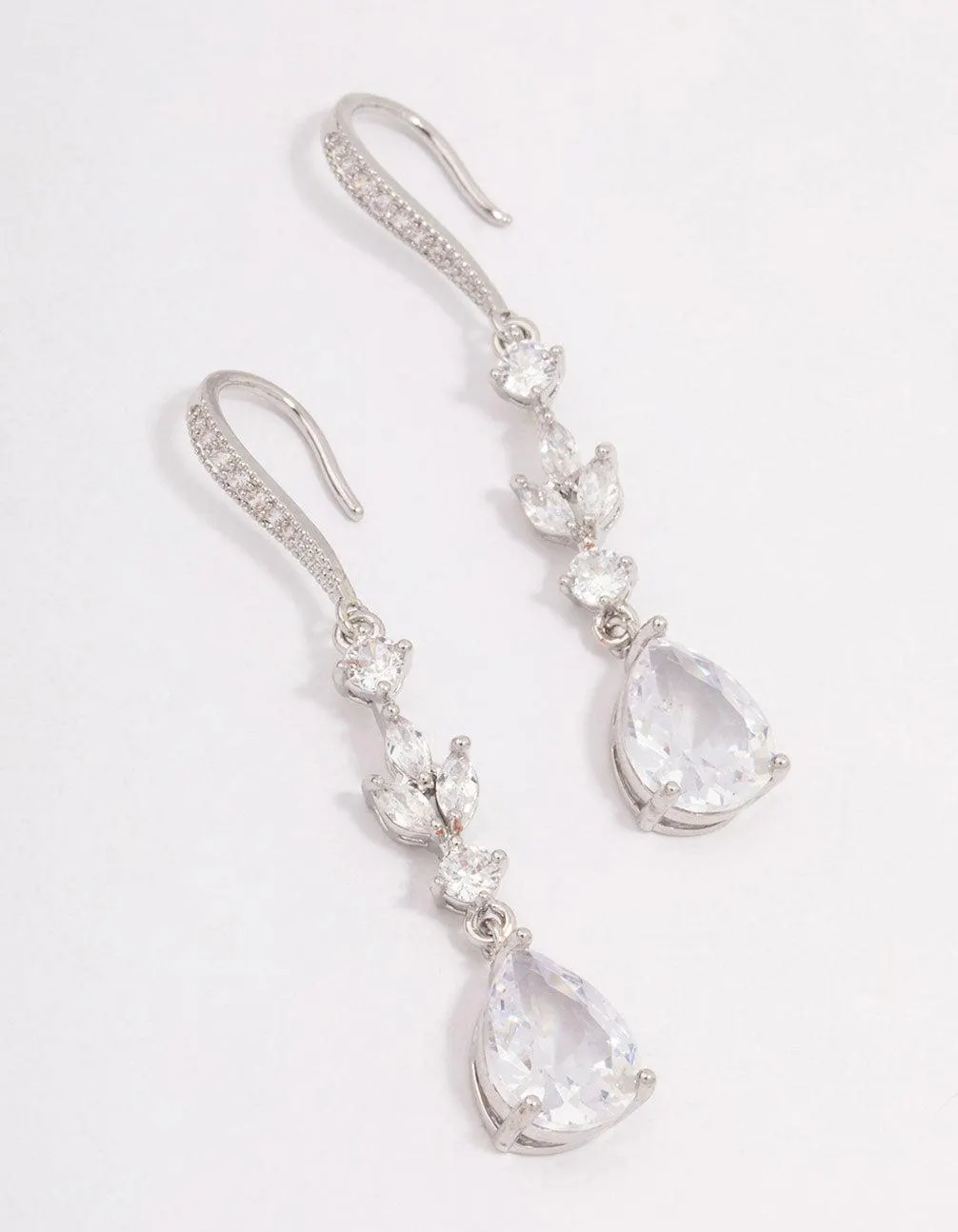 Rhodium Cubic Zirconia French Hook Pear Drop Earrings