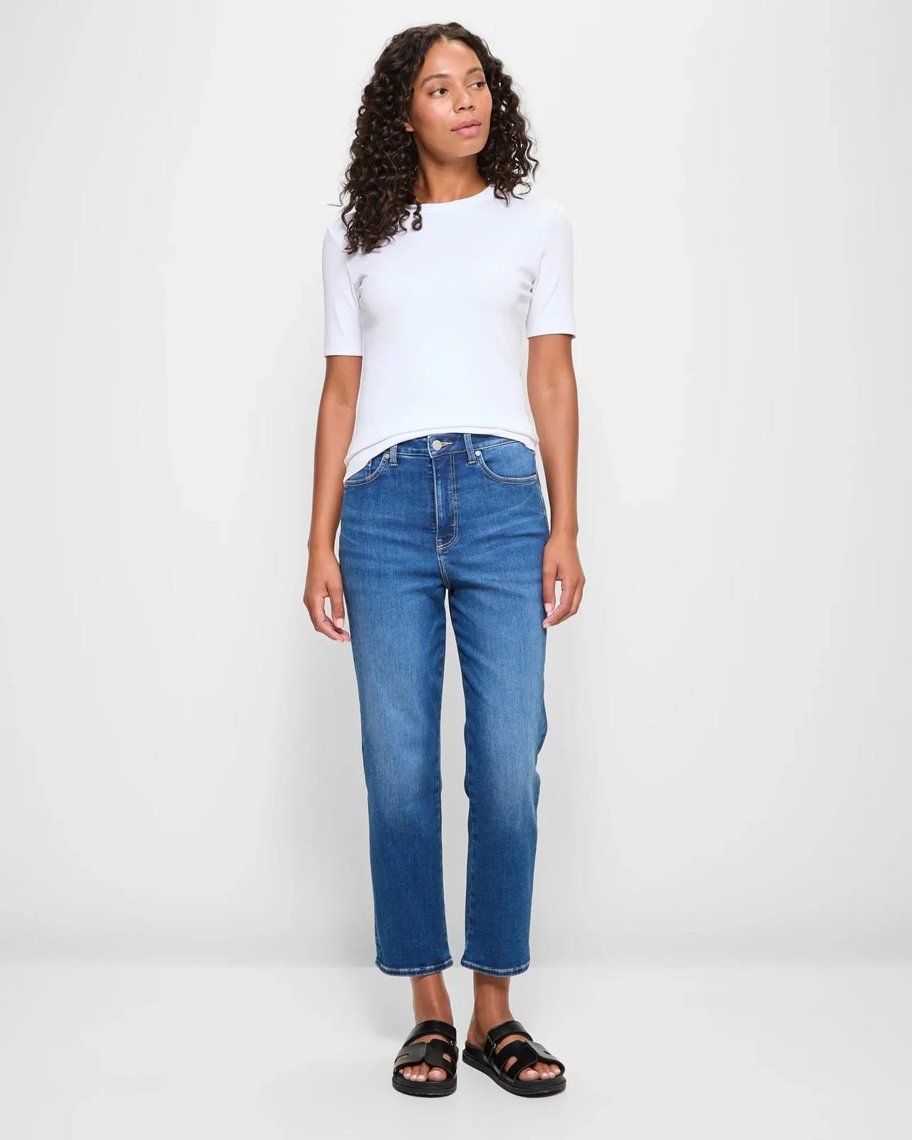 Super High Rise Crop Length Straight Denim Jeans - Shape Your Body - Aged Brilliant Blue