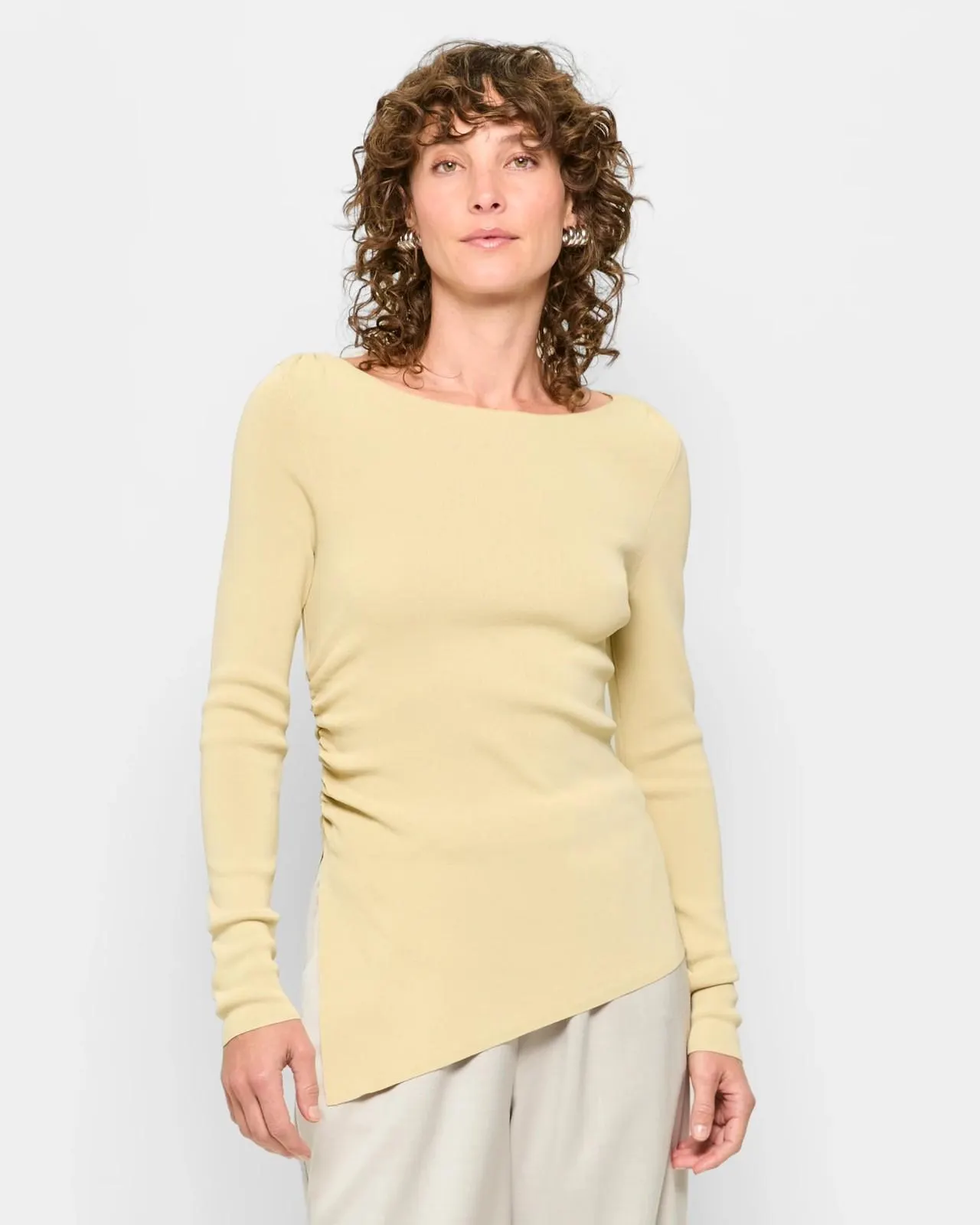 Long Sleeve Asymmetric Hem Crepe Knit Top - Preview - Gravel